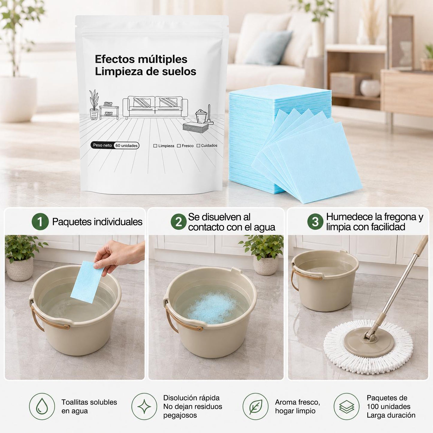 🧹 ¡50% DE DESCUENTO AHORA!✨  Hojas de limpieza para pisos multi-efecto – Potente eliminación de manchas y aroma fresco 🌿