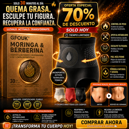 ☀️ GFOUK® 2026 Edición Black Gold Luxury | 🎁 Shorts Quemagrasas 4 en 1 con Moringa, Berberina y Tecnología de Micro-Partículas Esculpidoras