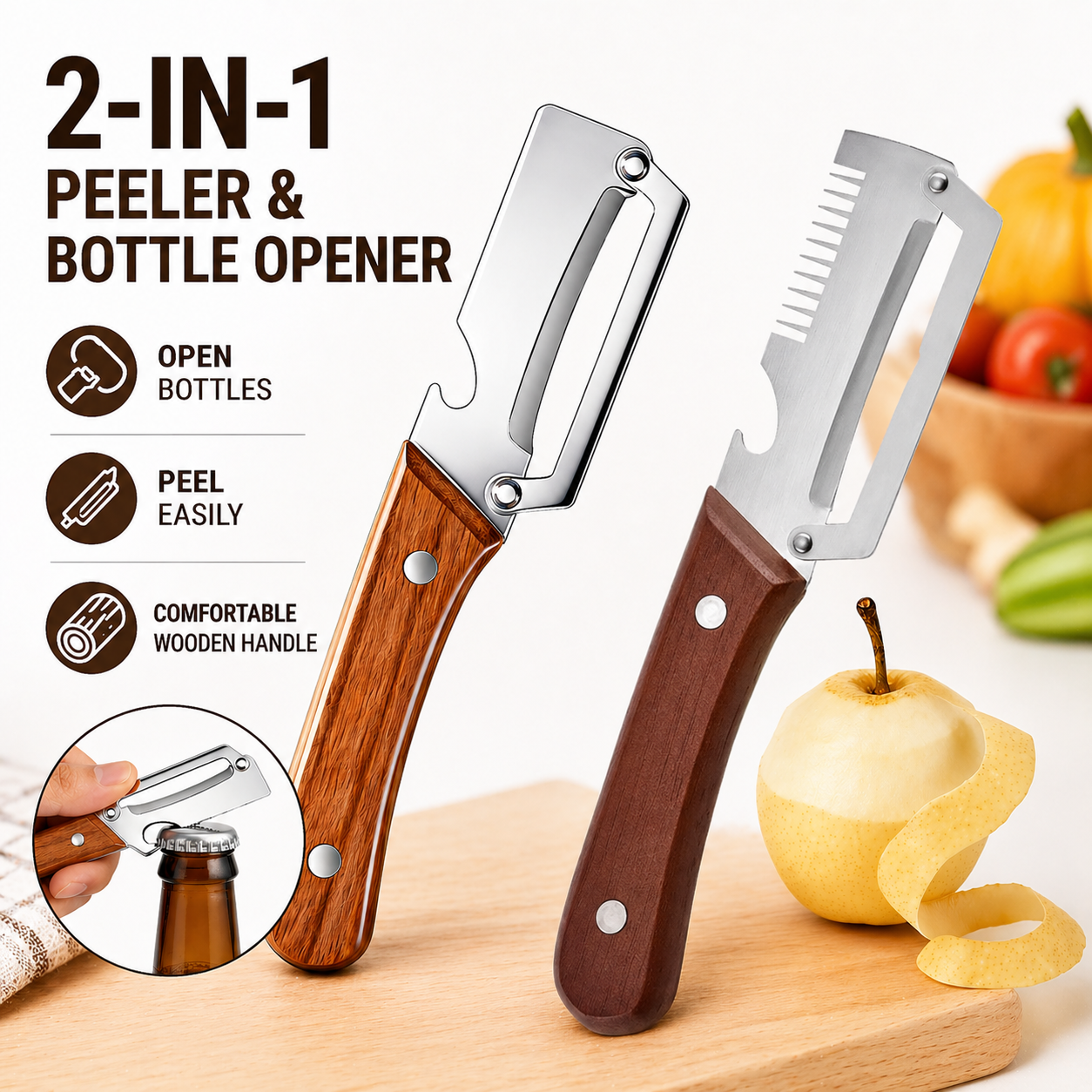 ivotero™ Pelador y rallador de acero inoxidable con mango de madera (Oferta)